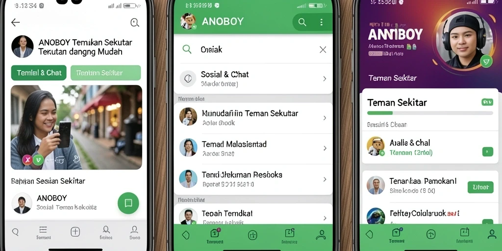 Screenshot ANOBOY menampilkan tampilan antarmuka pengguna untuk mencari teman baru.