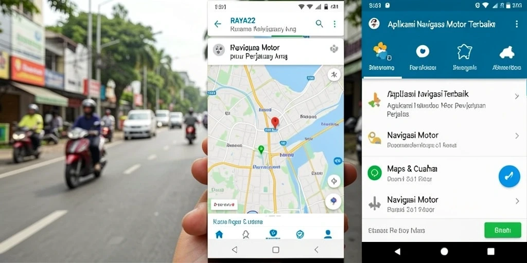 Antarmuka aplikasi RAYA22 yang menampilkan peta dan rute Navigasi Motor.